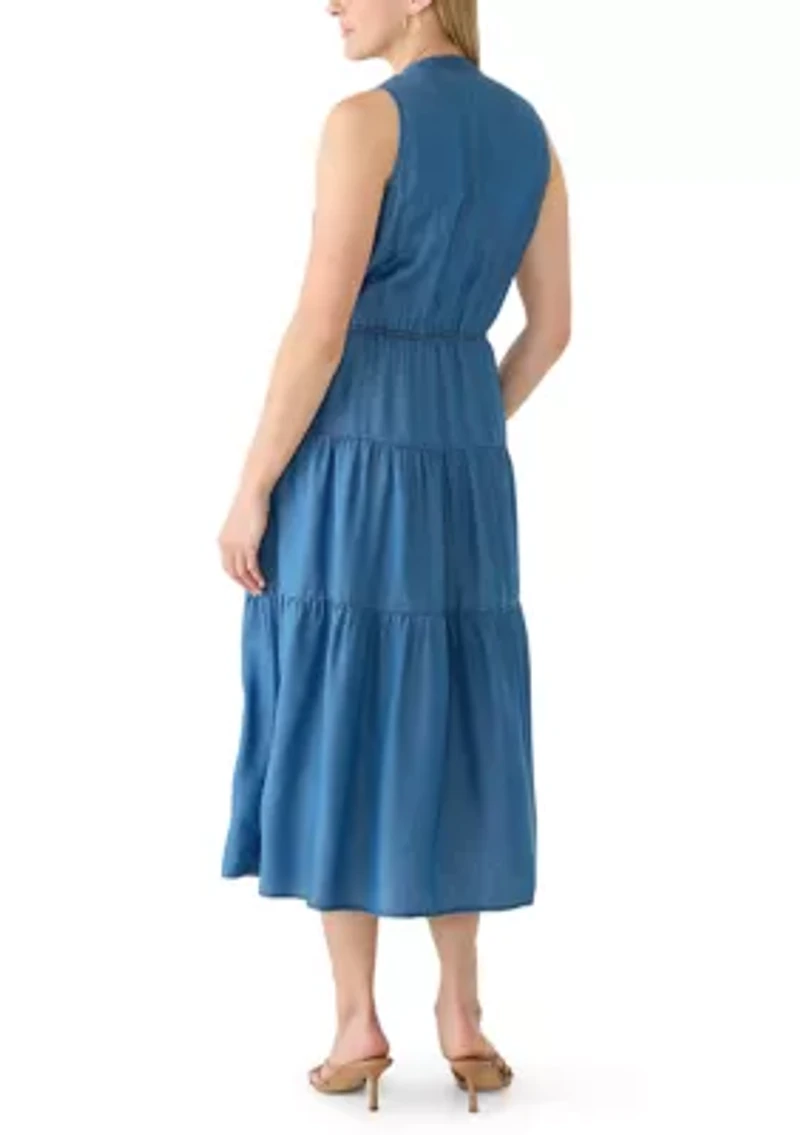 Women's Sleeveless V-Neck Denim Tiered Maxi Dress