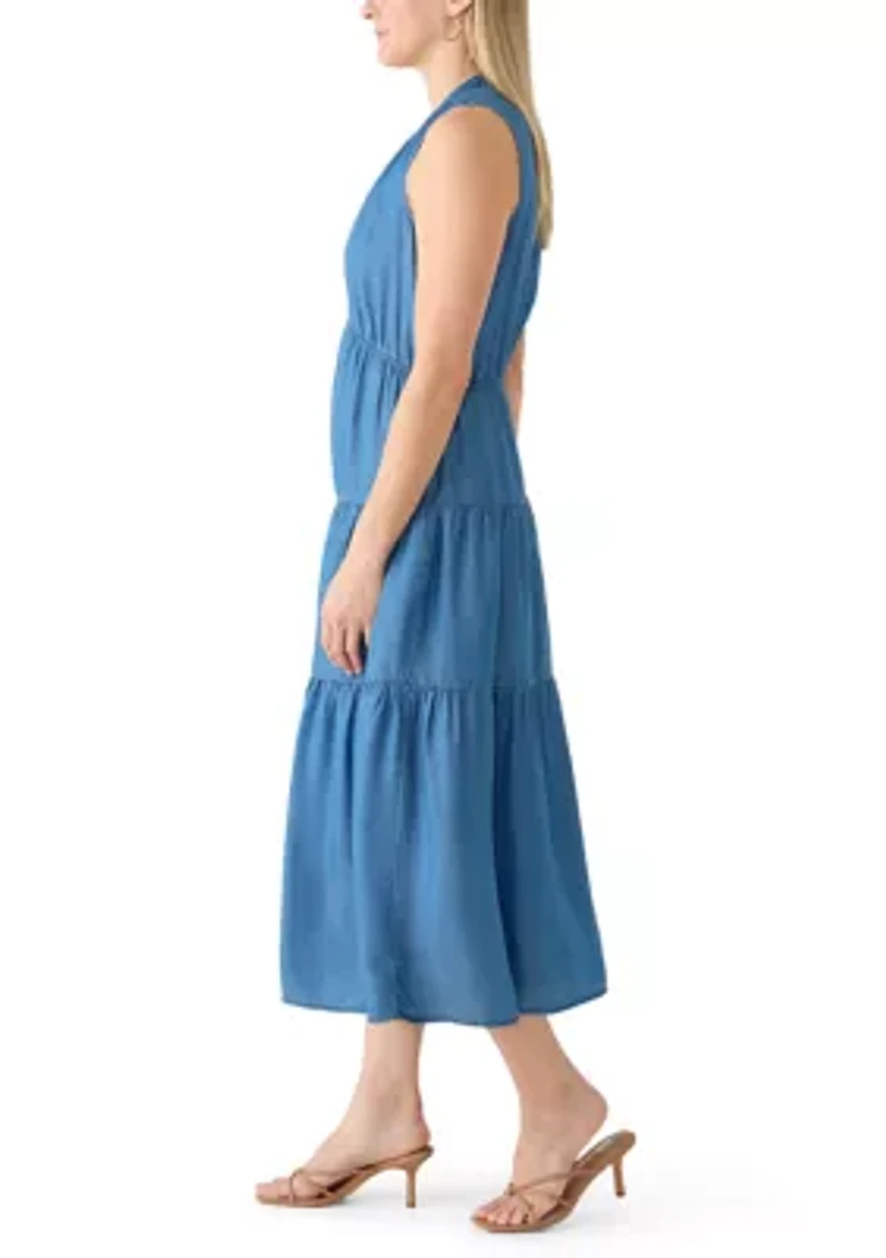 Women's Sleeveless V-Neck Denim Tiered Maxi Dress