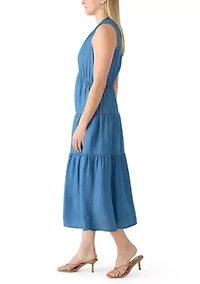 Women's Sleeveless V-Neck Denim Tiered Maxi Dress
