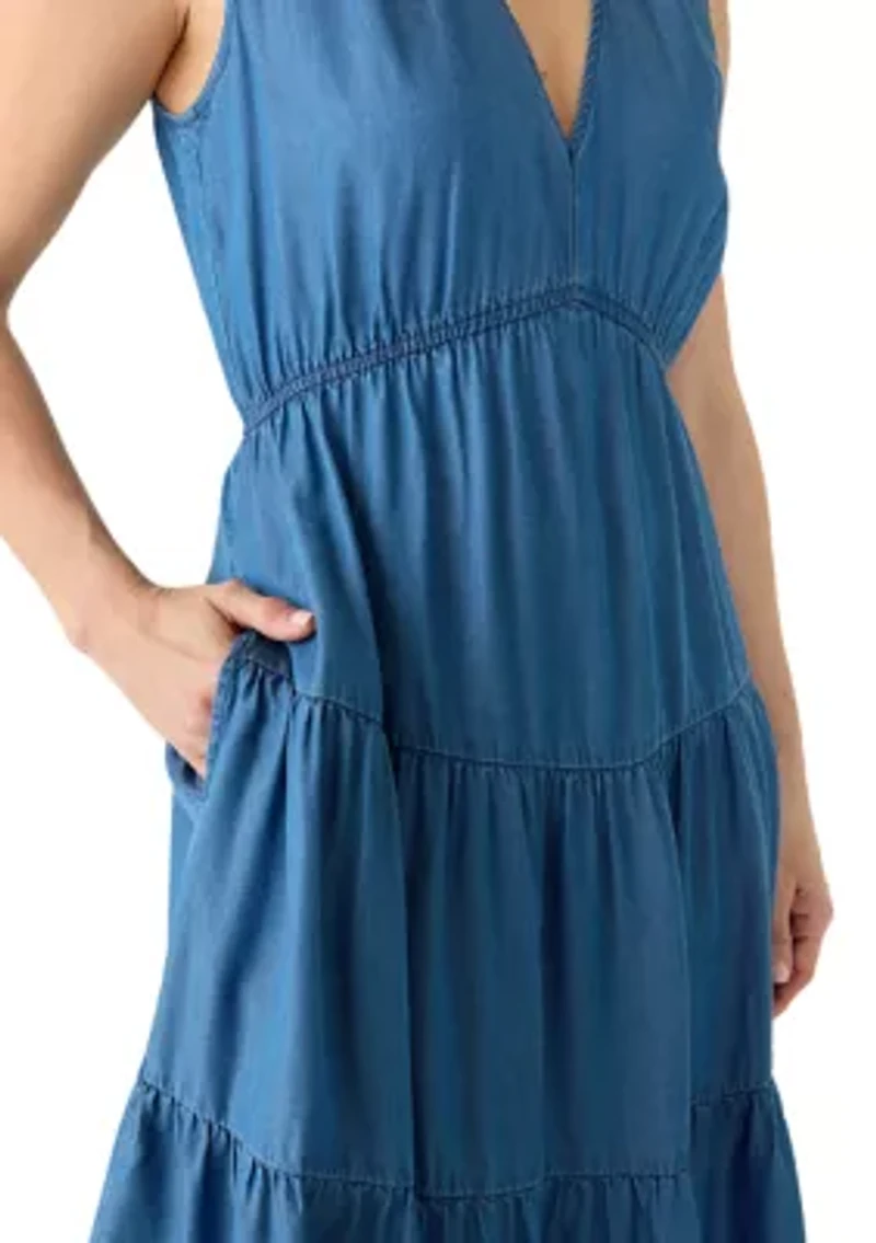 Women's Sleeveless V-Neck Denim Tiered Maxi Dress