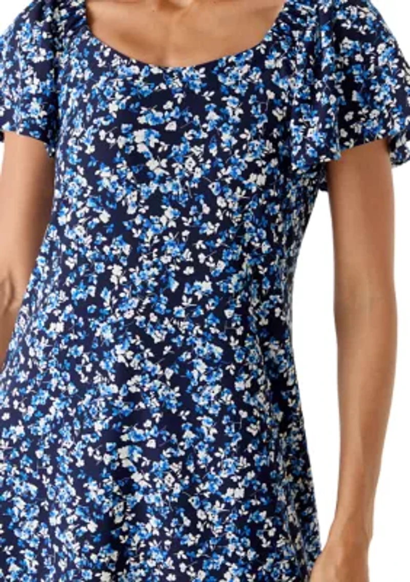 Women's Short Sleeve Ditsy Floral Print Shift Dress