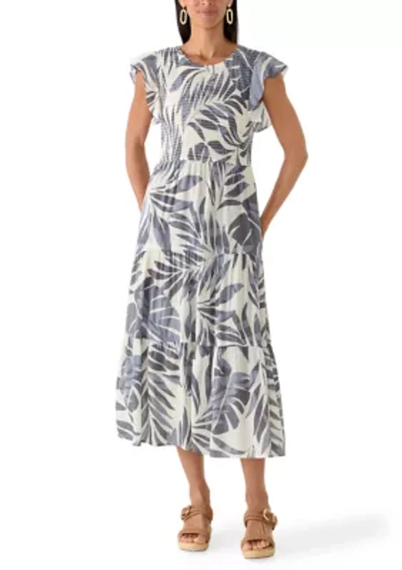 Women's Sleeveless Palm Print Leaf Ruffle Sleeve A-Line Dress