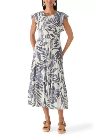 Women's Sleeveless Palm Print Leaf Ruffle Sleeve A-Line Dress