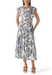 Women's Sleeveless Palm Print Leaf Ruffle Sleeve A-Line Dress