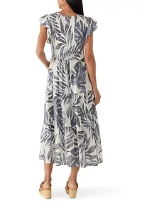 Women's Sleeveless Palm Print Leaf Ruffle Sleeve A-Line Dress