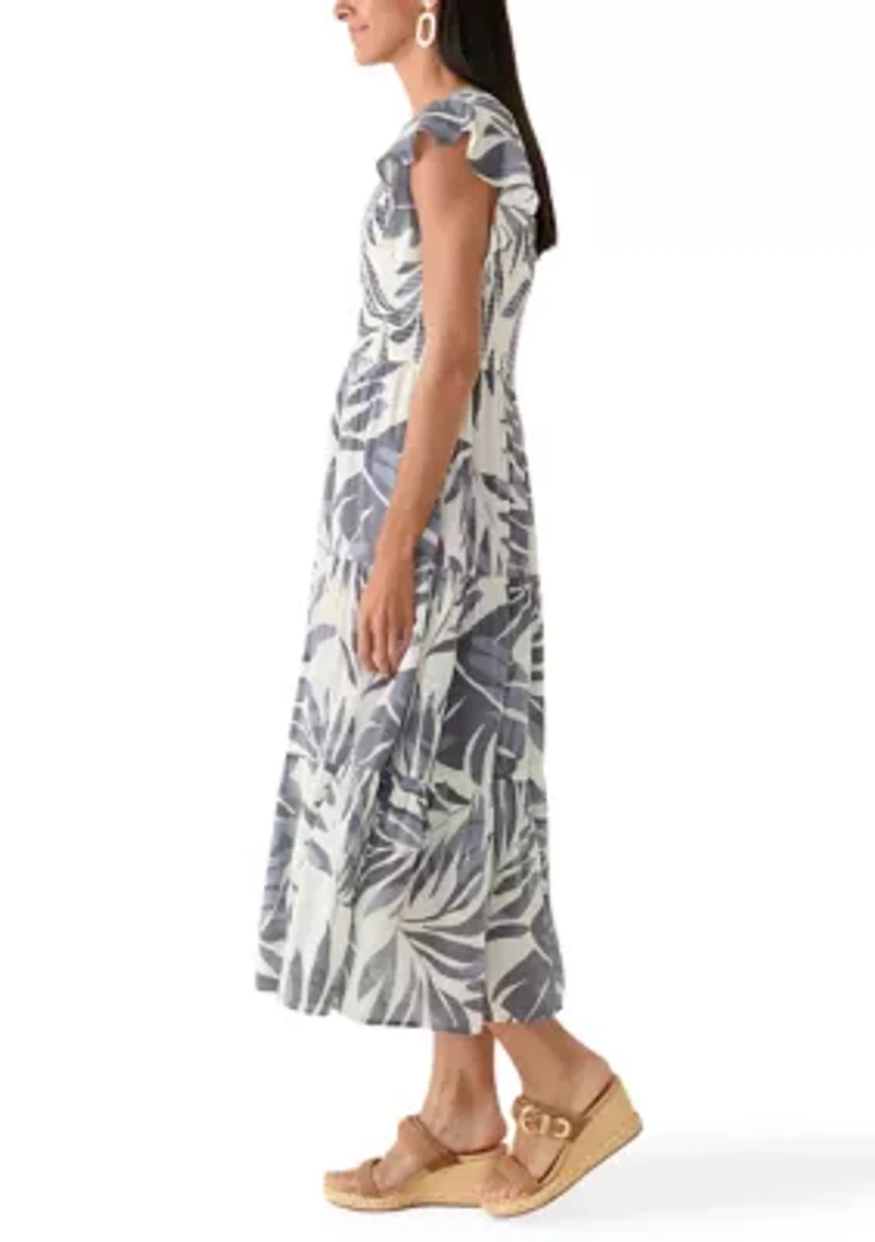 Women's Sleeveless Palm Print Leaf Ruffle Sleeve A-Line Dress
