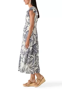 Women's Sleeveless Palm Print Leaf Ruffle Sleeve A-Line Dress