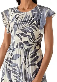 Women's Sleeveless Palm Print Leaf Ruffle Sleeve A-Line Dress