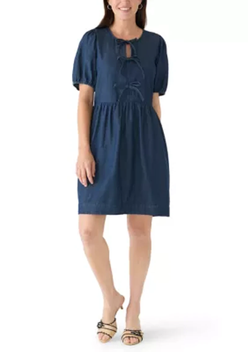Women's Short Puff Sleeve Bow Front Mini Dress
