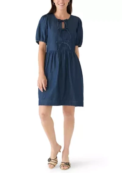 Women's Short Puff Sleeve Bow Front Mini Dress