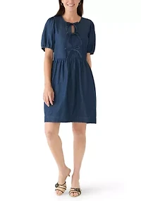 Women's Short Puff Sleeve Bow Front Mini Dress