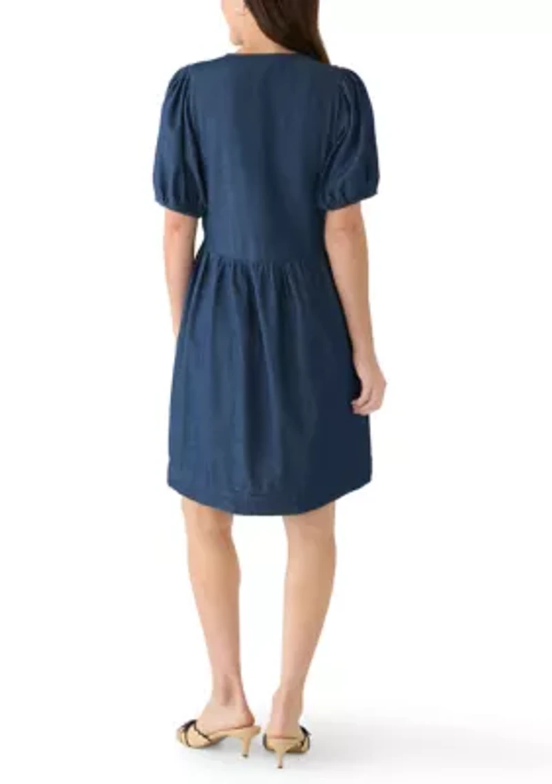 Women's Short Puff Sleeve Bow Front Mini Dress