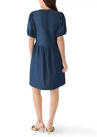 Women's Short Puff Sleeve Bow Front Mini Dress