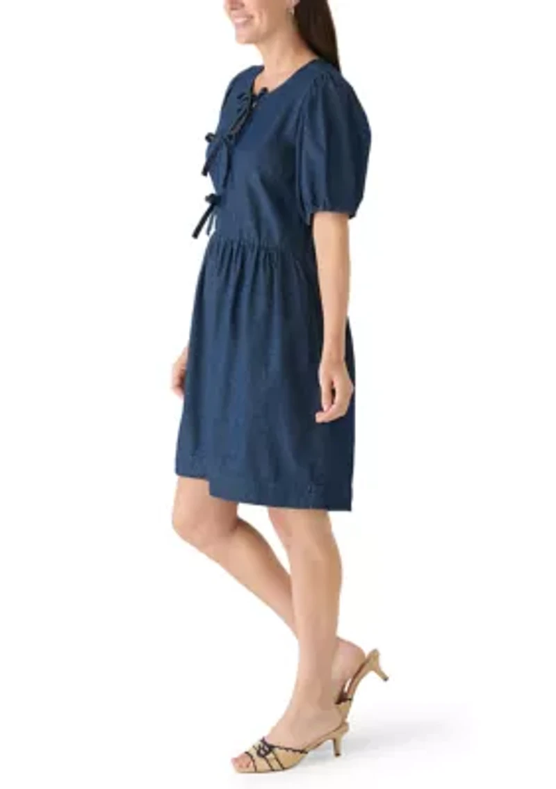 Women's Short Puff Sleeve Bow Front Mini Dress