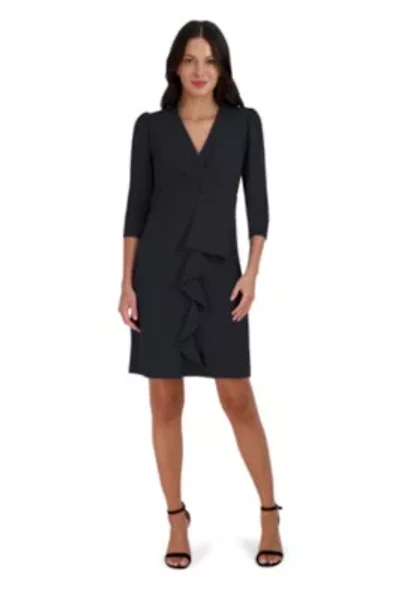 Women's 3/4 Sleeve V-Neck Solid Ruffle Dress