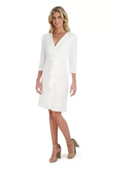 Women's 3/4 Sleeve V-Neck Solid Ruffle Dress