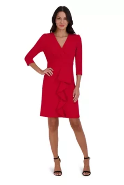 Women's 3/4 Sleeve V-Neck Solid Ruffle Dress