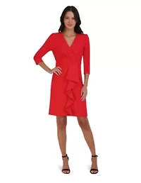 Women's 3/4 Sleeve V-Neck Solid Ruffle Dress