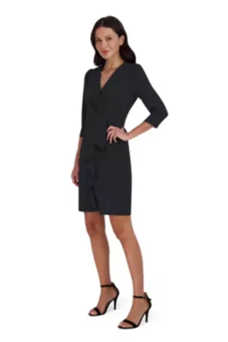 Women's 3/4 Sleeve V-Neck Solid Ruffle Dress