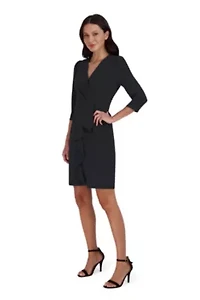 Women's 3/4 Sleeve V-Neck Solid Ruffle Dress