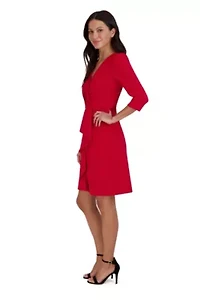Women's 3/4 Sleeve V-Neck Solid Ruffle Dress