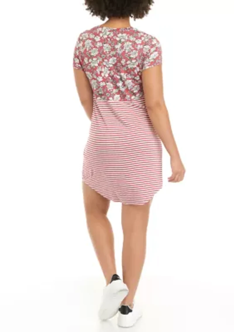 Juniors' Short Sleeve Mixed Media T-Shirt Dress