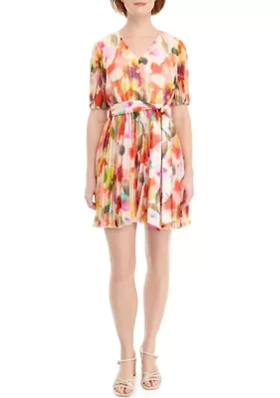 Women's Short Sleeve V-Neck Watercolor Floral Dress