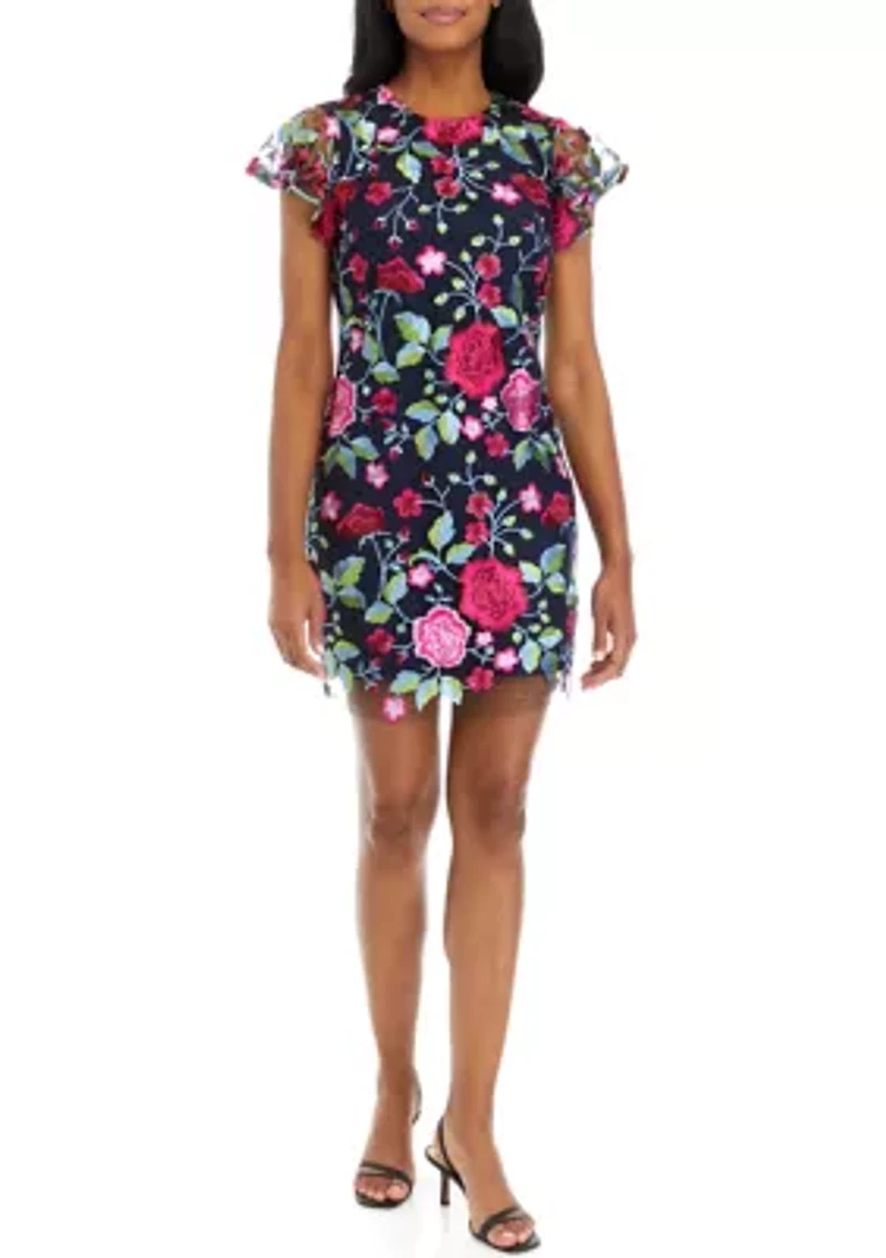 Women's Cap Sleeve Floral Embellished Sheath Dress