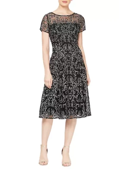 Women's Embroidered Soutache Dress with Sheer Yoke