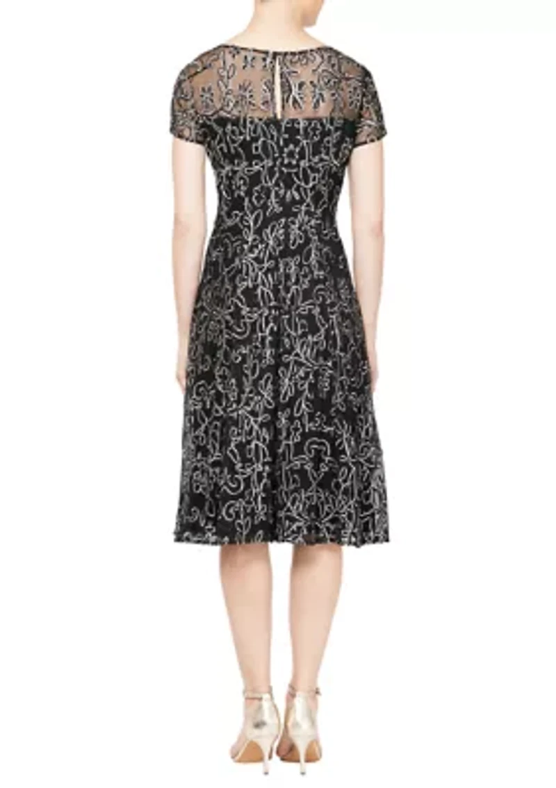 Women's Embroidered Soutache Dress with Sheer Yoke