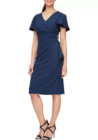 Women's Short Sleeve Side Ruched Solid Scuba Crepe Sheath Dress