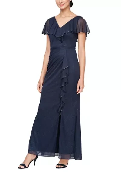 Women's Long Cascade Ruffle Front Dress with Bugle Beads
