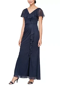 Women's Long Cascade Ruffle Front Dress with Bugle Beads
