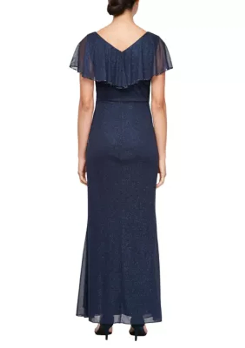 Women's Long Cascade Ruffle Front Dress with Bugle Beads