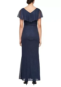 Women's Long Cascade Ruffle Front Dress with Bugle Beads