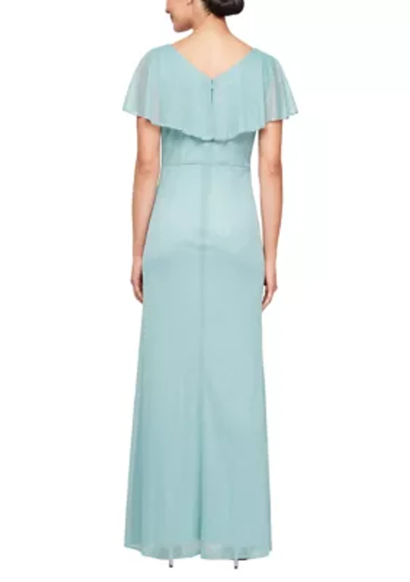 Women's Long Cascade Ruffle Front Dress with Bugle Beads