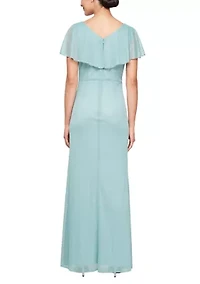 Women's Long Cascade Ruffle Front Dress with Bugle Beads