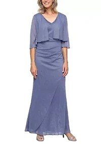 Women's Long Glitter Mesh Mock Jacket Dress with Embellished V-Neckline