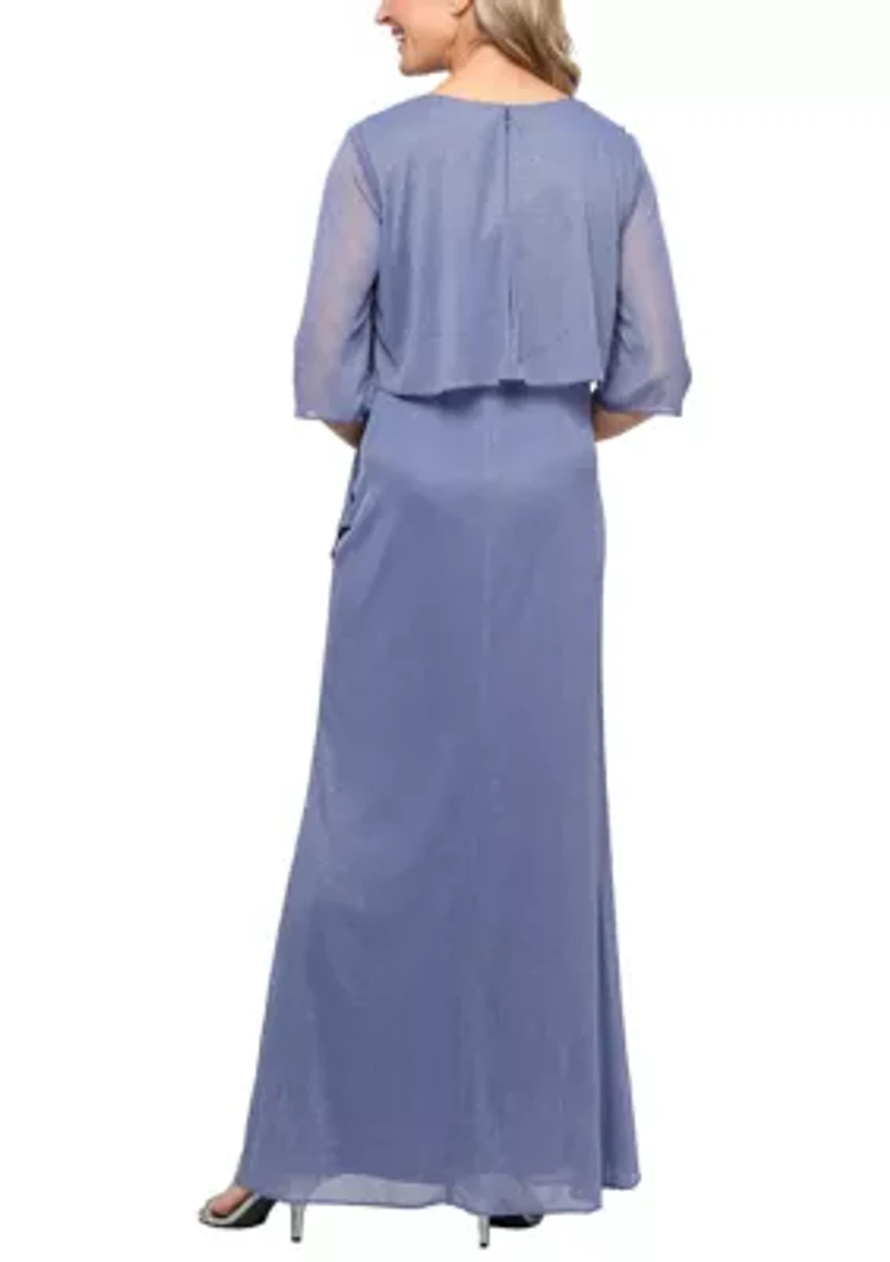 Women's Long Glitter Mesh Mock Jacket Dress with Embellished V-Neckline