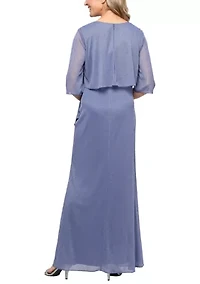 Women's Long Glitter Mesh Mock Jacket Dress with Embellished V-Neckline