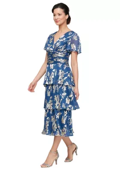 Women's Surplice Foil Printed Tiered Dress