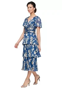 Women's Surplice Foil Printed Tiered Dress