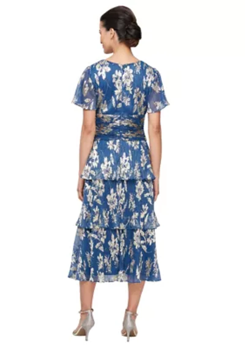 Women's Surplice Foil Printed Tiered Dress