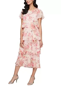 Women's Tea Length Printed Chiffon Tiered Dress