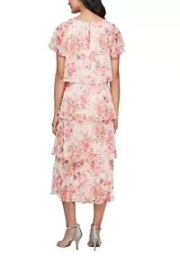 Women's Tea Length Printed Chiffon Tiered Dress