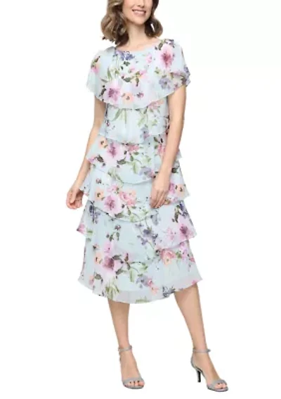 Women's Tea Length Printed Chiffon Dress
