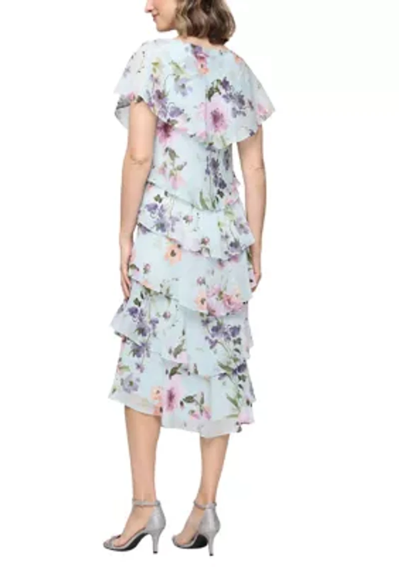 Women's Tea Length Printed Chiffon Dress