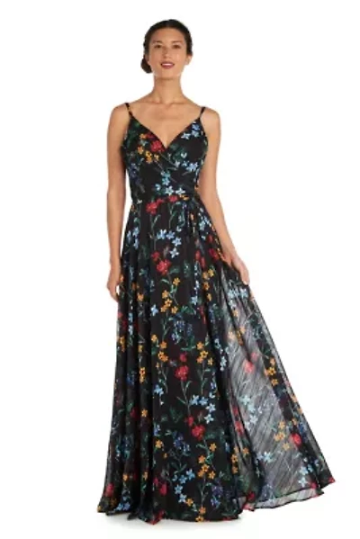Long Floral Print W Spaghetti Straps And Mock Wrap Bodice