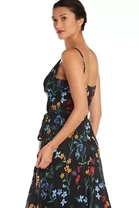 Long Floral Print W Spaghetti Straps And Mock Wrap Bodice