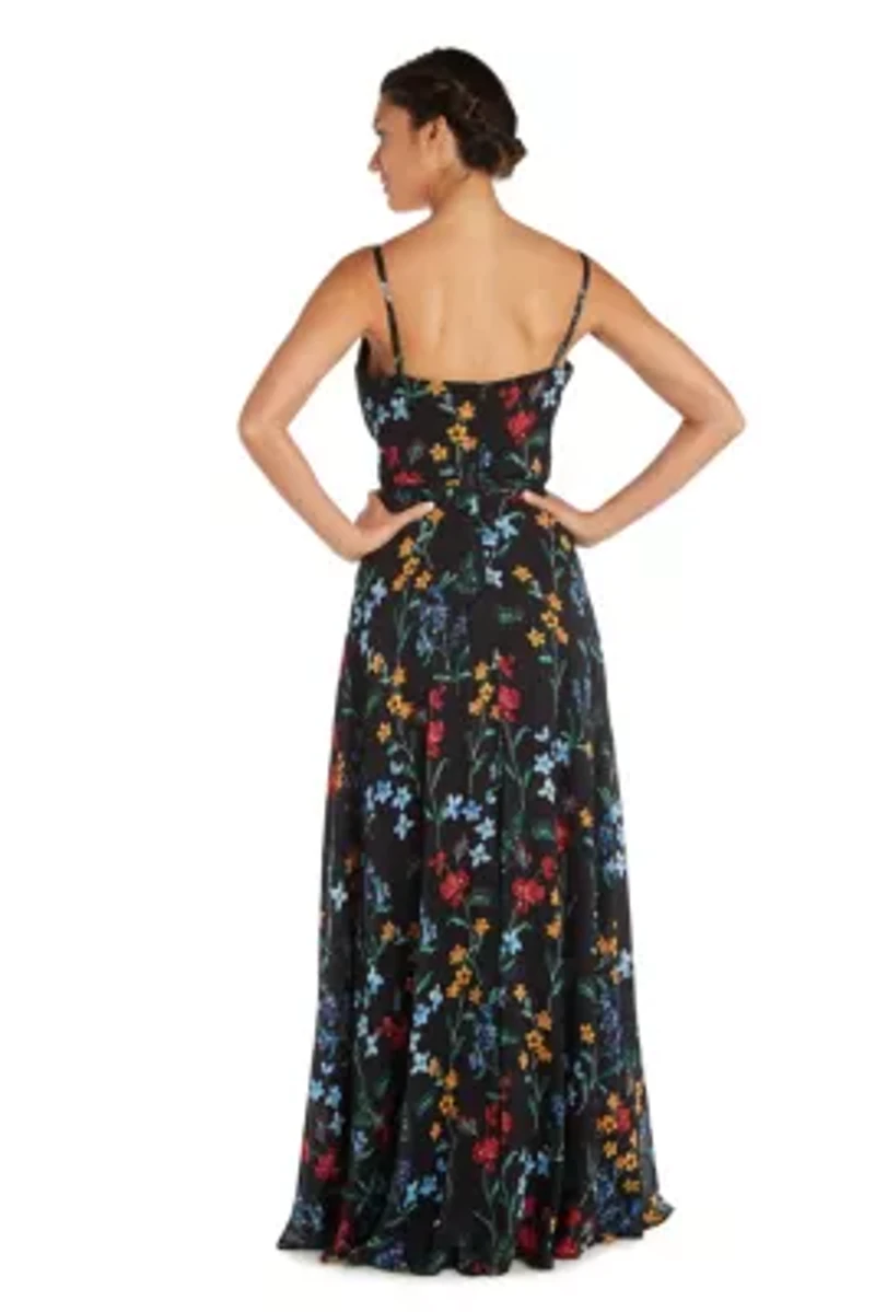 Long Floral Print W Spaghetti Straps And Mock Wrap Bodice
